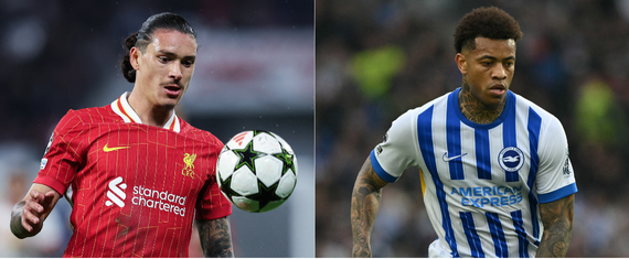 Darwin Nuñez, do Liverpool, e Igor Julio, do Brighton (foto: Ronny Hartmann / AFP e Glyn KIRK / AFP)