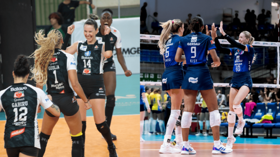 Jogadoras de vôlei do Mackenzie e do Minas (foto: Rogerio Guerreiro/Brasília; Hedgard Moraes/Minas Tênis Clube)