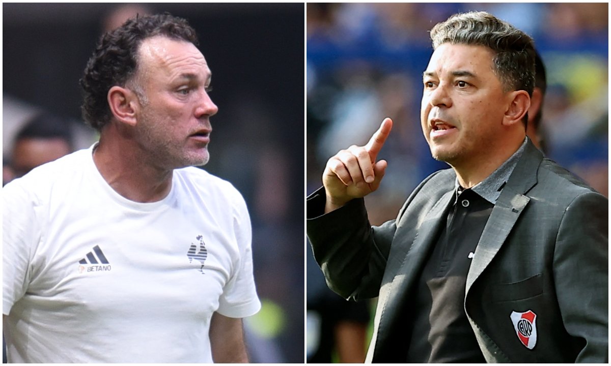 Milito e Gallardo, técnicos de Atlético e River (foto: ALEJANDRO PAGNI / AFP)