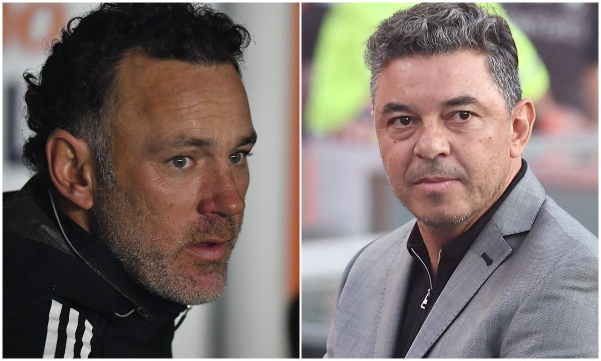 Gabriel Milito e Marcelo Gallardo, técnicos de Atlético e River (foto: Alexandre Guzanshe/EM/DA.Press e ALEJANDRO PAGNI / AFP)