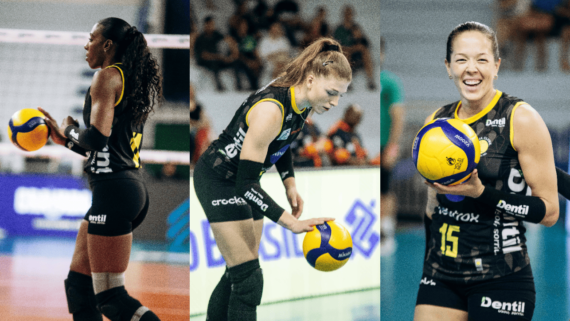 Nia Reed, Sofya Kuznetsova e Monique Pavão, jogadoras de vôlei do Praia Clube (foto: Eliezer Esportes/Praia Clube)