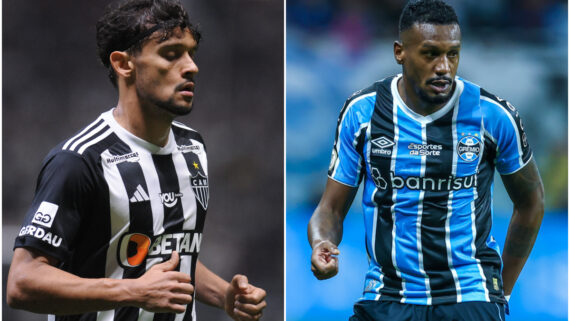 Scarpa e Edenilson, meio-campistas de Atlético e Grêmio (foto: Pedro Souza/Atlético e LUCAS UEBEL/GREMIO FBPA)