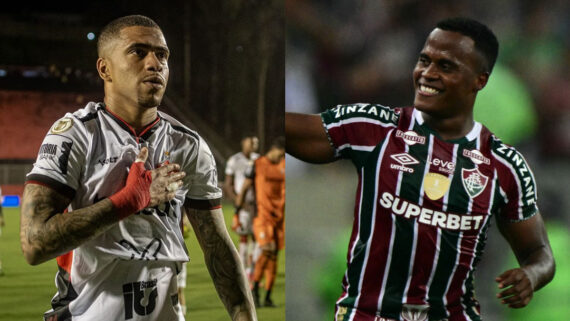 Vitória, do lateral-esquerdo Lucas Esteves, e Fluminense, do meia colombiano Jhon Arias, se enfrentam pelo Brasileiro (foto: Victor/Vitória e PABLO PORCIUNCULA/AFP)