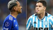 Matheus Pereira, do Cruzeiro, e Juan Fernando Quintero, do Racing (foto: GLEDSTON TAVARES and ALEJANDRO PAGNI / AFP)