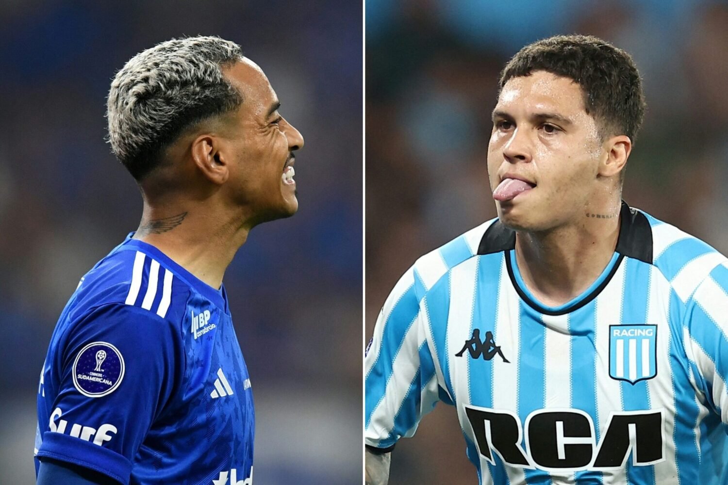 Matheus Pereira, do Cruzeiro, e Juan Fernando Quintero, do Racing (foto: GLEDSTON TAVARES and ALEJANDRO PAGNI / AFP)