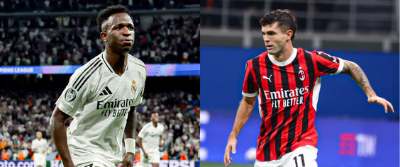 Vinicius Junior, do Real Madrid, e Pulisic, do Milan (foto: Divulgação)