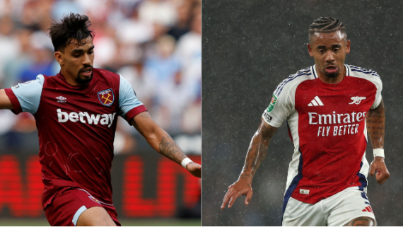 Lucas Paquetá, do West Ham, e Gabriel Jesus, do Arsenal (foto: Ian Kington / IKIMAGES / AFP e Adrian Dennis / AFP)