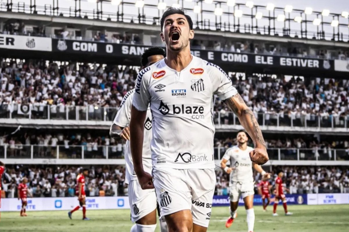 Jogador do Santos comemorando gol (foto: Raul Baretta / Santos)