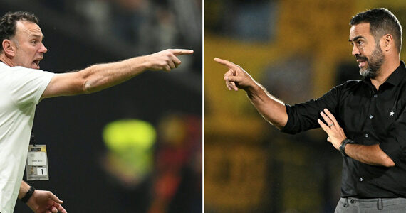 Gabriel Milito e Artur Jorge, técnicos de Atlético e Botafogo (foto: ALEXANDRE LOUREIRO GLEDSTON TAVARES/AFP)