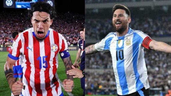 Gustavo Gomez e Messi (foto: Divulgação / Paraguai e Argentina)