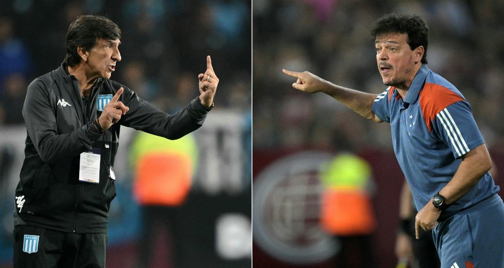 Gustavo Costas e Fernando Diniz, técnicos de Racing e Cruzeiro, respectivamente (foto: Juan Mabromata/AFP e Luis Robayo/AFP)