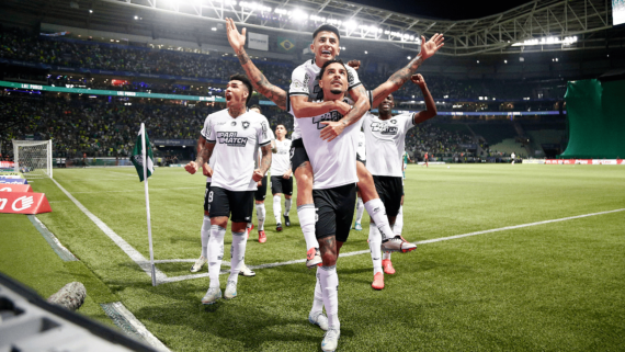 Jogadores do Botafogo comemorando gol sobre o Palmeiras (foto: Vitor Silva/Botafogo)