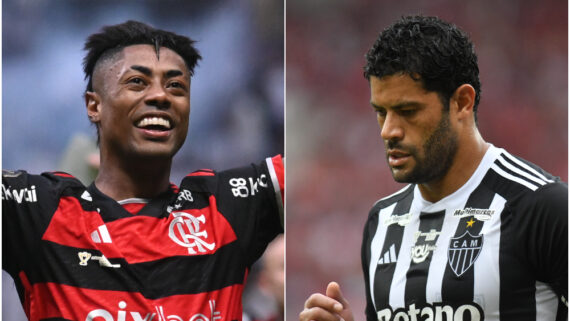 Bruno Henrique e Hulk, atacantes de Flamengo e Atlético, respectivamente (foto: Montagem com imagens de Leandro Couri/EM/D.A Press e Alexandre Guzanshe/EM/D.A Press)