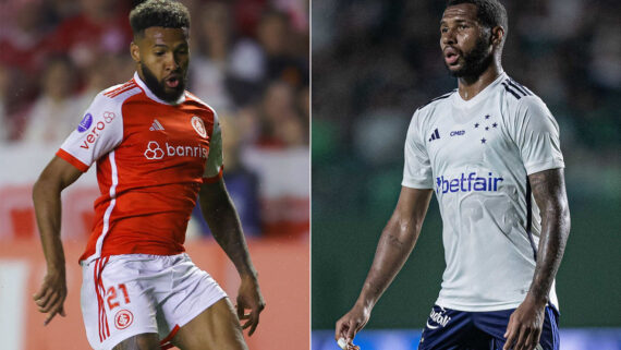 Jogador de futebol Wesley com as camisas de Internacional e Cruzeiro (foto: AFP PHOTO e Divulgação/Cruzeiro)