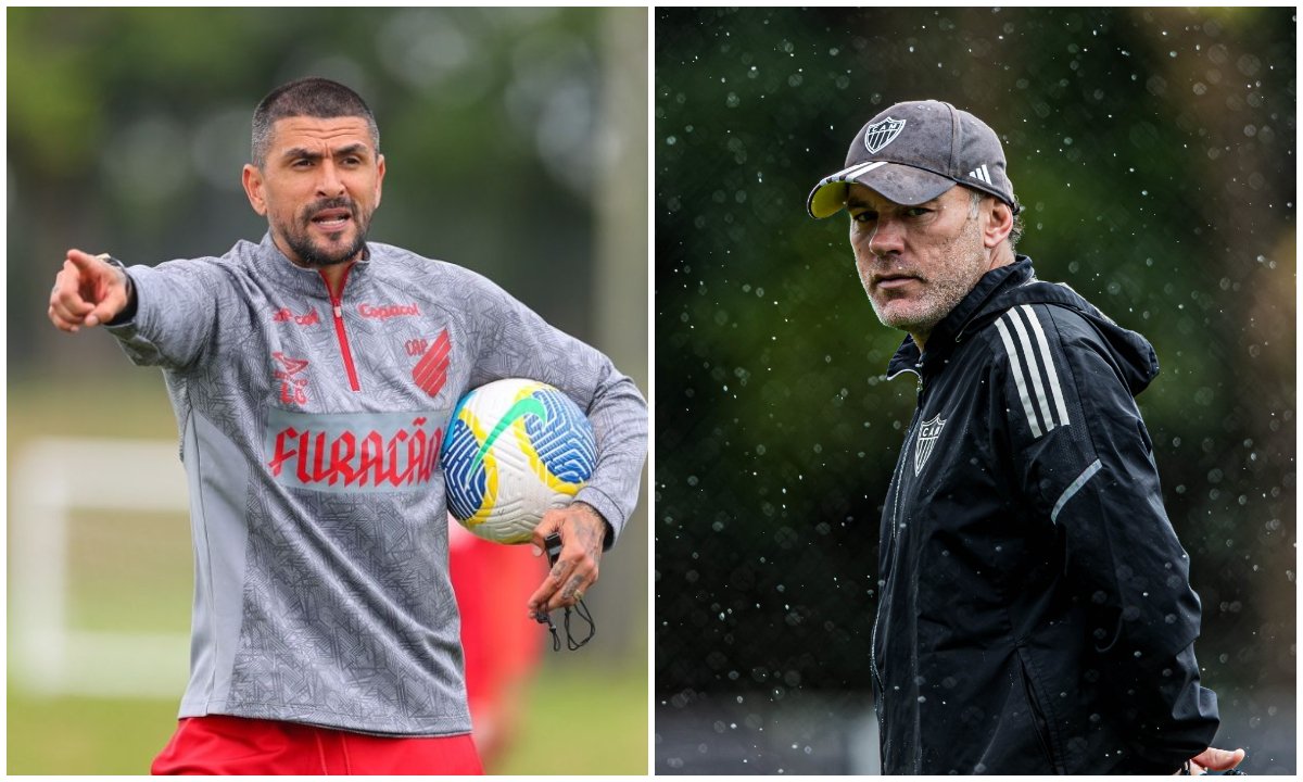 Lucho e Milito em treinos de Athletico-PR e Atlético (foto: José Tramontin/athletico.com.br e Pedro Souza/Atlético)