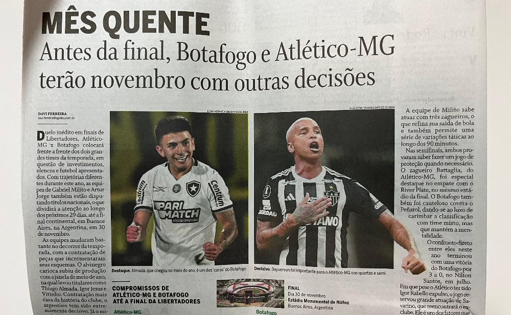 O Globo destaca mês decisivo para Botafogo e Atlético antes de final da Libertadores (foto: Lucas Bretas/No Ataque)