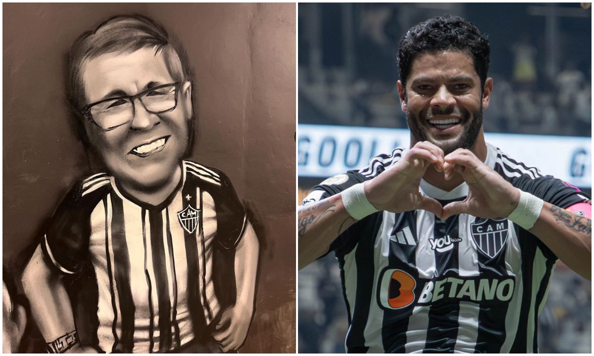 Caricatura de Seu Gilvan, pai de Hulk, no Califórnia Alvinegro (foto: Reprodução e Pedro Souza/Atlético)