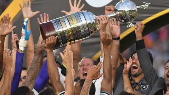 Textor e jogadores do Botafogo erguem a taça da Libertadores (foto: Alexandre Guzanshe/EM/D.A PRess)