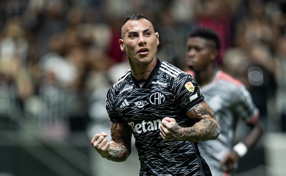 Vargas, atacante do Atlético, comemora gol na Arena MRV (foto: Pedro Souza/Atlético)