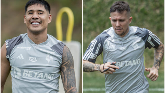 Zaracho e Bernard em treinamento na Cidade do Galo (foto: Pedro Souza/Atlético)