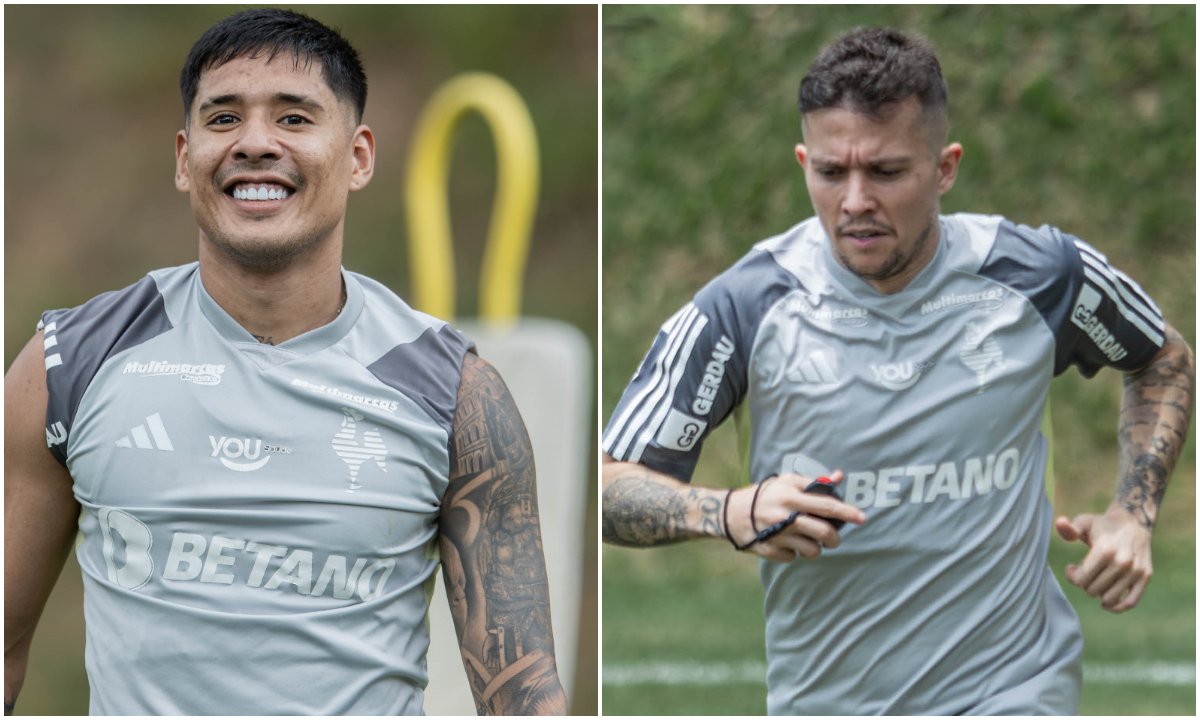 Zaracho e Bernard em treinamento na Cidade do Galo (foto: Pedro Souza/Atlético)