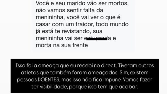 Ameaça recebida por Cintia Kobayashi, esposa do ponteiro Guilherme Emina, do Sesi Bauru (foto: Redes sociais/Reprodução)