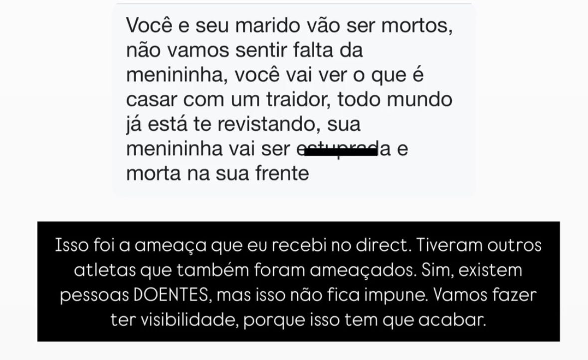 Ameaça recebida por Cintia Kobayashi, esposa do ponteiro Guilherme Emina, do Bauru (foto: Redes sociais/Reprodução)