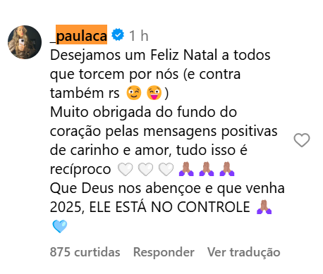 Comentário da esposa de Dudu - (foto: Reprodução Instagram)