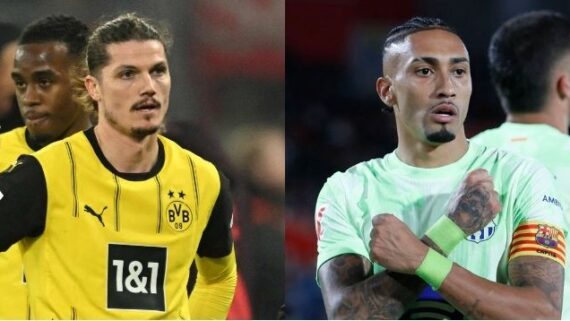 Sabitzer, do Borussia Dortmund, e Raphinha, do Barcelona (foto: INA FASSBENDER / AFP e JAIME REINA / AFP)