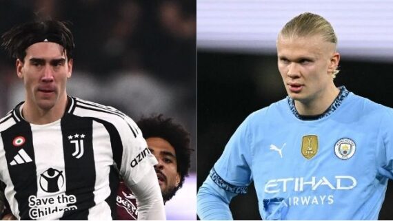 Vlahovic, da Juventus, e Haaland, do Manchester City (foto: MARCO BERTORELLO / AFP e Oli SCARFF / AFP)