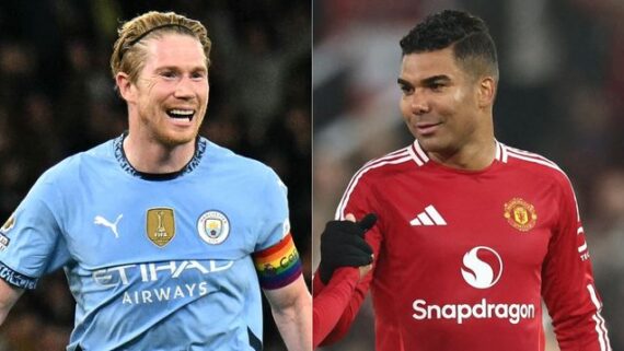 De Bruyne, do Manchester City, e Casimiro, do Manchester United (foto: Oli SCARFF / AFP e Darren Staples / AFP)