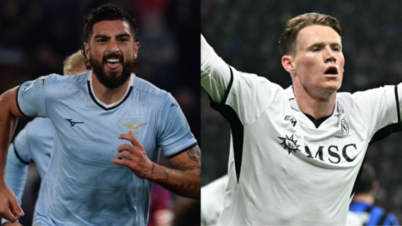 Gigot, da Lazio, e McTominay, do Napoli (foto: Filippo MONTEFORTE / AFP e Gabriel BOUYS / AFP)