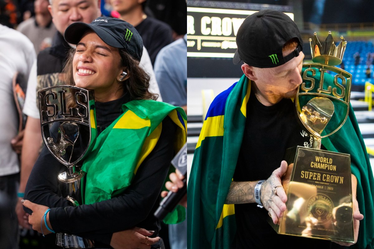 Rayssa Leal e Giovanna Vianni com o troféu do Super Crown nas mãos (foto: Divulgação / SLS)