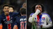 Jogadores do PSG e jogador do Lyon em comemorações de gols (foto: Franck Fife/AFP e Olivier Chassignole/AFP)