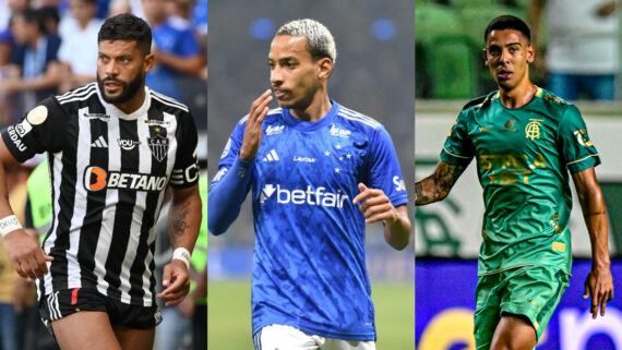 Hulk, do Atlético, Matheus Pereira, do Cruzeiro, e Matheus Henrique, do América, em ação durante 2024 (foto: Leandro Couri/EM/D.A Press, Ramon Lisboa/EM/D.A Press e Mourão Panda/América)