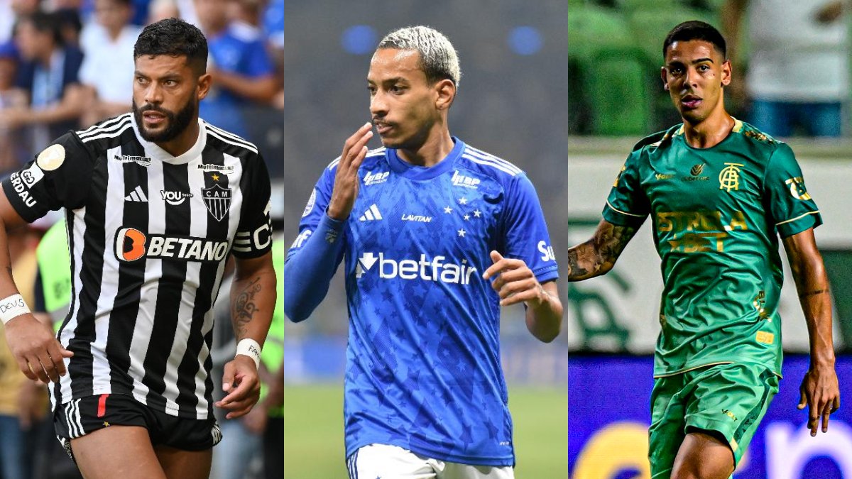 Hulk, do Atlético, Matheus Pereira, do Cruzeiro, e Matheus Henrique, do América, em ação durante 2024 (foto: Leandro Couri/EM/D.A Press, Ramon Lisboa/EM/D.A Press e Mourão Panda/América)