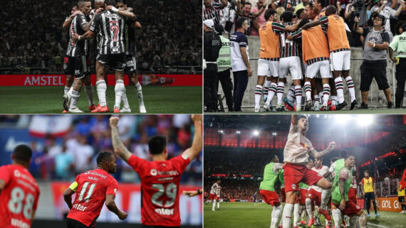 Montagens de fotos de jogadores de Atlético, Fluminense, Athletico-PR e Bragantino (foto: Montagem com fotos de Pedro Souza/Atlético, Lucas Merçon/Fluminense, Cahuê Miranda/Athletico-PR e Ari Ferreira/Bragantino)