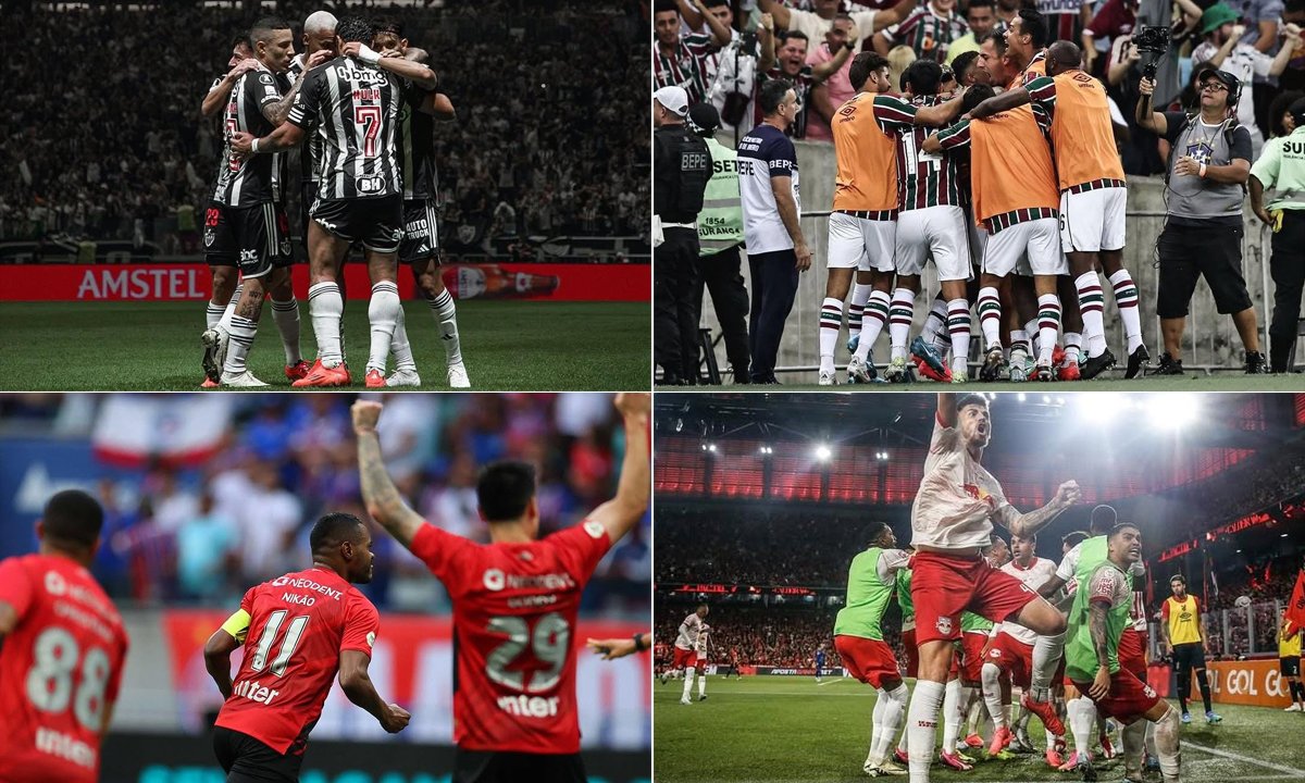 Montagens de fotos de jogadores de Atlético, Fluminense, Athletico-PR e Bragantino (foto: Montagem com fotos de Pedro Souza/Atlético, Lucas Merçon/Fluminense, Cahuê Miranda/Athletico-PR e Ari Ferreira/Bragantino)