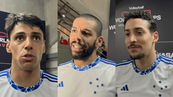 Otávio, Wallace e Rodriguinho, jogadores de vôlei do Cruzeiro, dando entrevista (foto: Sofia Cunha/No Ataque/EM/D.A Press)