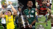 Cássio segurando o troféu do Campeonato Brasileiro; Dudu segurando o troféu da Copa Libertadores; Gabigol ao lado do troféu da Copa do Brasil (foto: Agência Corinthians - Cesar Greco/Palmeiras - Divulgação/X/Copa do Brasil )