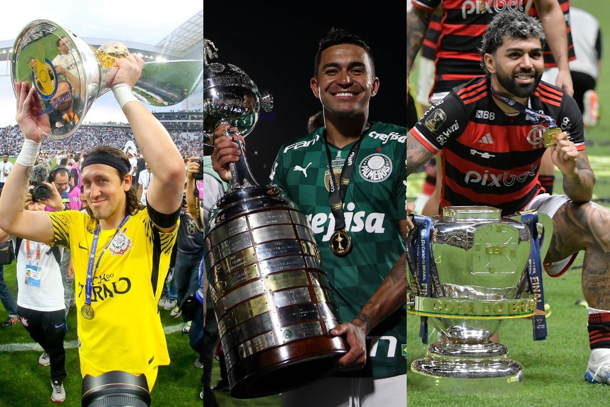 Cássio segurando o troféu do Campeonato Brasileiro; Dudu segurando o troféu da Copa Libertadores; Gabigol ao lado do troféu da Copa do Brasil (foto: Agência Corinthians - Cesar Greco/Palmeiras - Divulgação/X/Copa do Brasil)