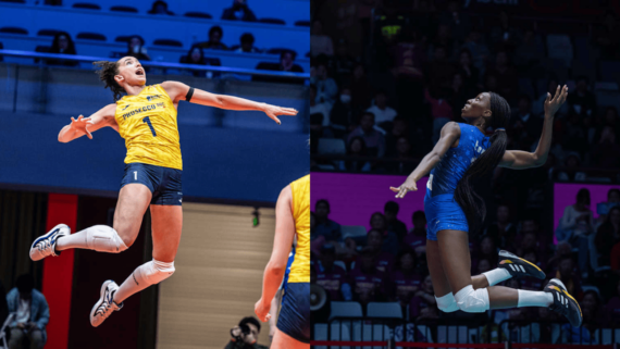 Gabi Guimarães, do Conegliano, e Paola Egonu, do Milano, durante ataque, no Mundial de Vôlei (foto: Divulgação/FIVB)