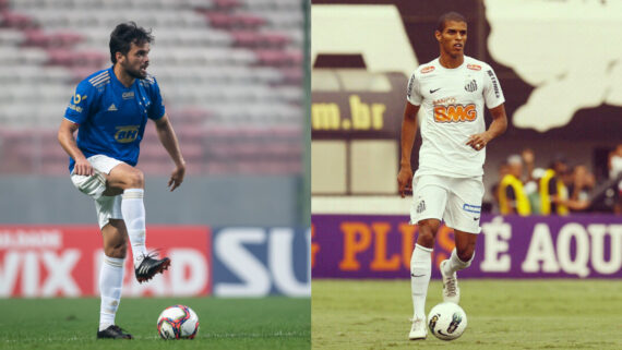 Norberto (esquerda) em ação pelo Cruzeiro em 2021; Ewerton Páscoa em ação pelo Santos em 2012 (foto: Bruno Haddad/Cruzeiro e Divulgação/Santos)