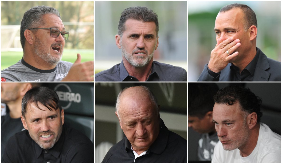 Rogério Micale, Vagner Mancini e Rafael Dudamel (os três menos duradouros nos últimos nove anos do Atlético) e Eduardo Coudet, Felipão e Gabriel Milito (os três últimos) (foto: Jair Amaral/EM, Juarez Rodrigues/EM, Ramon Lisboa/EM, Alexandre Guzanshe/EM (3))