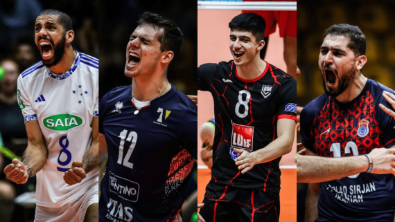 Jogadores de vôlei de Cruzeiro, Trentino, Civitanova e Foolad no Mundial de Clubes (foto: Divulgação/FIVB)