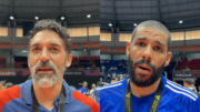 Filipe Ferraz, técnico de vôlei do Cruzeiro, e Wallace, oposto, em entrevista (foto: Sofia Cunha/No Ataque)