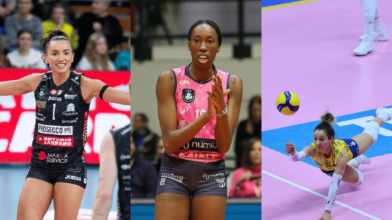 Gabi Guimarães, Paola Egonu e Monica De Gennaro, atletas de vôlei (foto: Michele Gregolin/Conegliano; Divulgação/Milano; e Michele Gregolin/Conegliano)