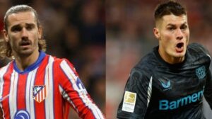 Antoine Griezmann, do Atlético de Madrid, e Patrik Schick, do Bayer Leverkusen - Crédito: 