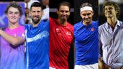 João Fonseca junto das lendas Djokovic, Nadal, Federer e Guga (foto: @nextgenfinals | @atptour, William WEST / AFP, JORGE GUERRERO / AFP, Glyn KIRK / AFP, e AFP PHOTO / YASUYOSHI CHIBA)