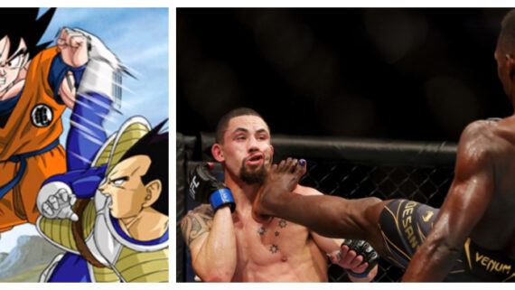 Robert Whittaker e Israel Adesanya, no UFC (foto: Montagem: Reprodução Dragon Ball Z e Carmen Mandato/Getty Images/AFP)